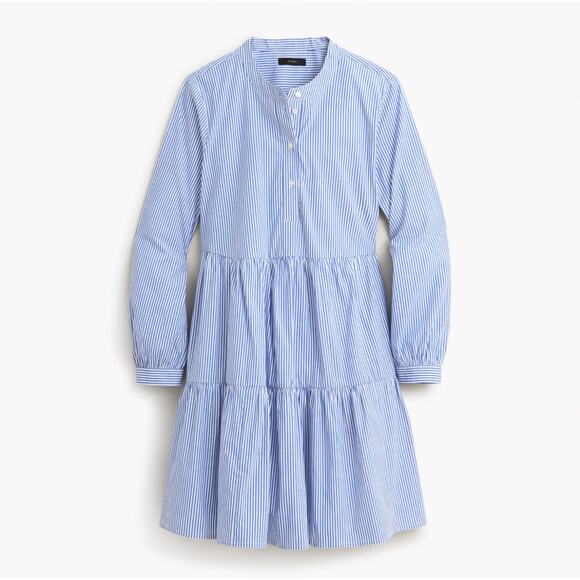 J. Crew Blue/White Striped Stretch Cotton Poplin Tiered Dress Pockets Size Large - Picture 2 of 11